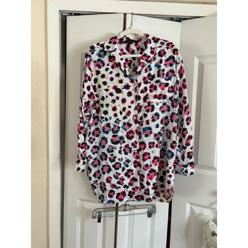 Victoria's Secret Long Sleeve Button-Up Nightshirt White Pink Blue Leopard Print